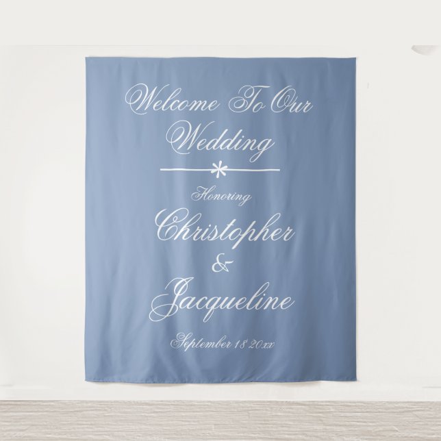 Elegant Wedding Custom Names Dusty Blue Backdrop Tapestry (Front)
