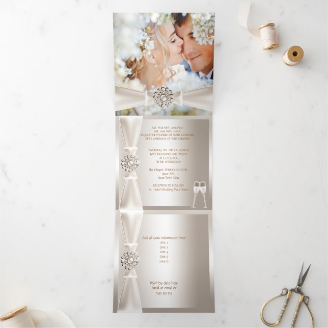 Elegant Wedding Damask Cream White Champagne 3 Tri-Fold Invitation (Inside)
