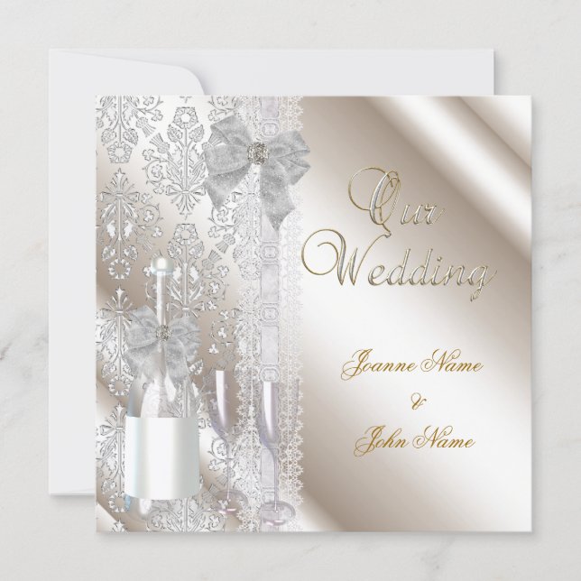 Elegant Wedding Damask Cream White Champagne Invitation (Front)