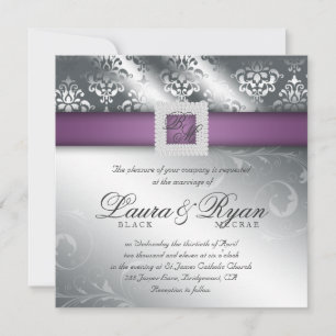 Elegant Wedding Damask Jewel Purple Silver Invitation