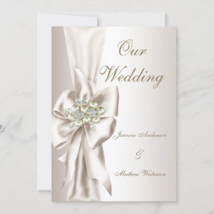 Elegant Wedding Damask Pearl Cream White Bow 2 Invitation