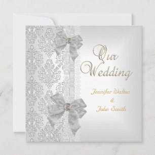 Elegant Wedding Damask Silver White Bow Set Invitation