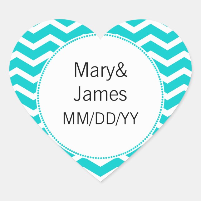 Elegant Wedding Date Blue Chevron Pattern Heart Sticker (Front)