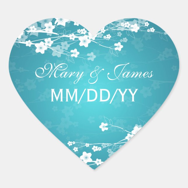 Elegant Wedding Date Cherry Blossom Blue Heart Sticker (Front)