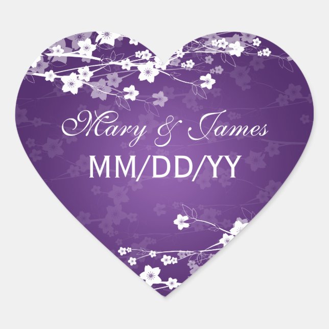 Elegant Wedding Date Cherry Blossom Purple Heart Sticker (Front)