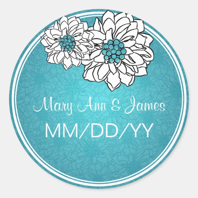 Elegant Wedding Date Dahlia Floral Blue Classic Round Sticker (Front)