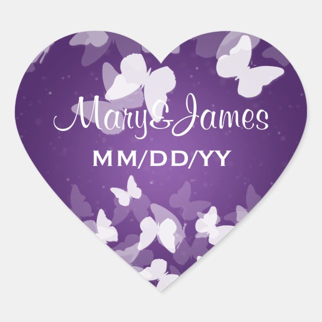 Elegant Wedding Date Elusive Butterflies Purple Heart Sticker (Front)
