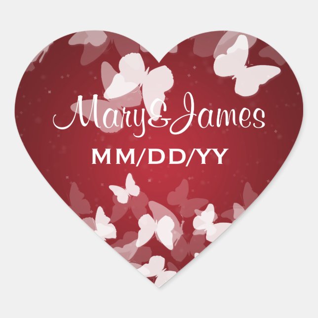 Elegant Wedding Date Elusive Butterflies Red Heart Sticker (Front)