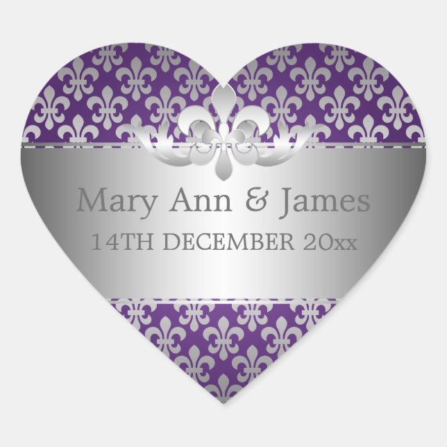 Elegant Wedding Date Fleur De Lis Purple Heart Sticker (Front)