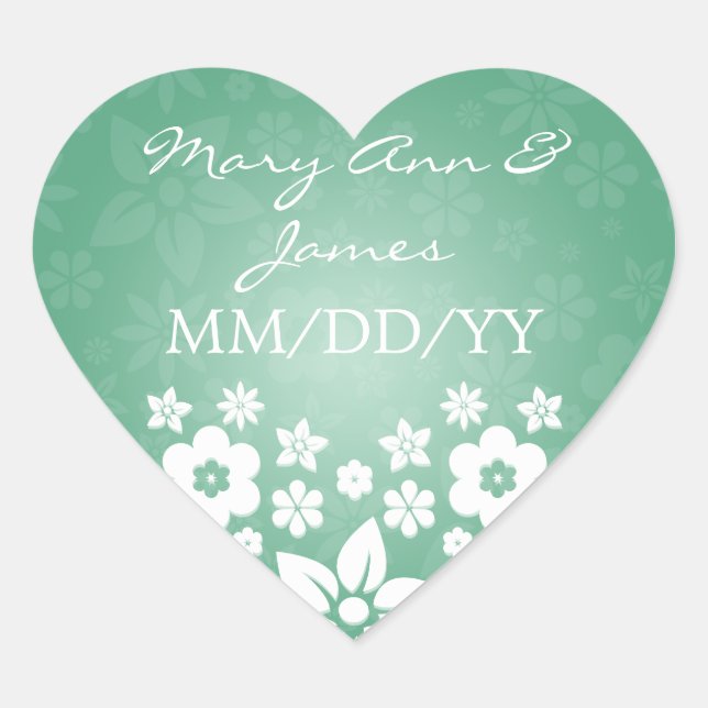 Elegant Wedding Date Flowery Heart Mint Green Sticker (Front)
