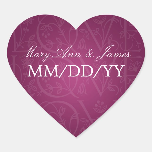 Elegant Wedding Date Love Flourish Berry Pink Heart Sticker (Front)