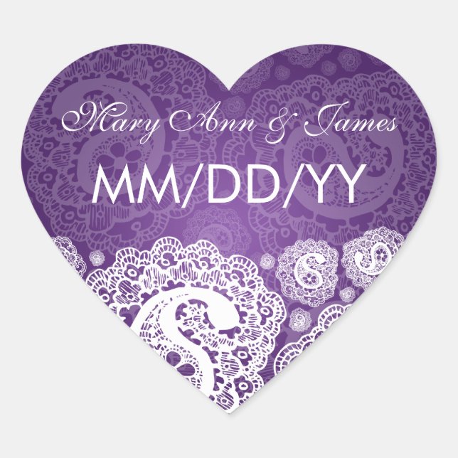 Elegant Wedding Date Paisley Lace Purple Heart Sticker (Front)