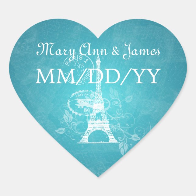 Elegant Wedding Date Romantic Paris Blue Heart Sticker (Front)