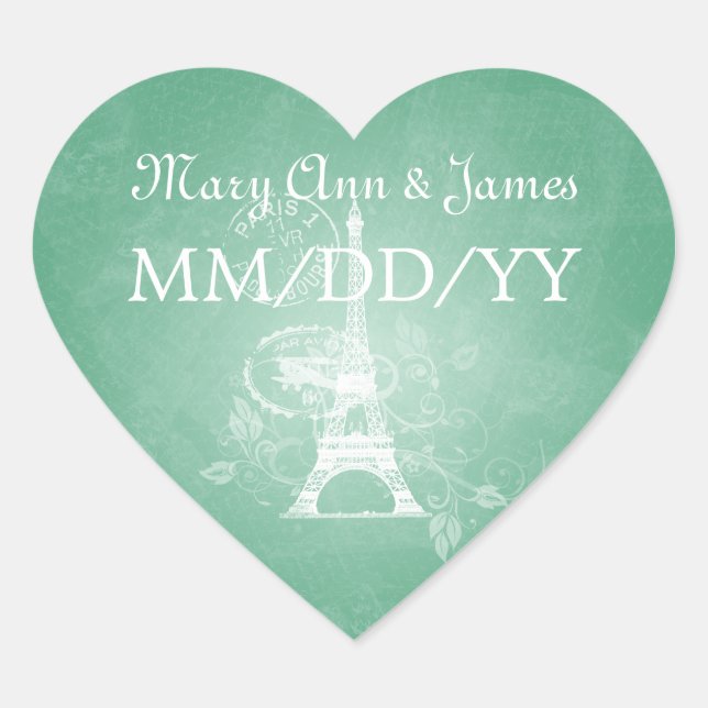 Elegant Wedding Date Romantic Paris Mint Green Heart Sticker (Front)
