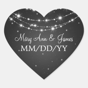 Elegant Wedding Date Sparkling Chain Black Heart Sticker