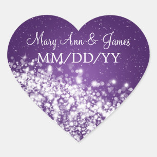 Elegant Wedding Date Sparkling Wave Purple Heart Sticker