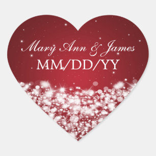 Elegant Wedding Date Star Sparkle Red Heart Sticker