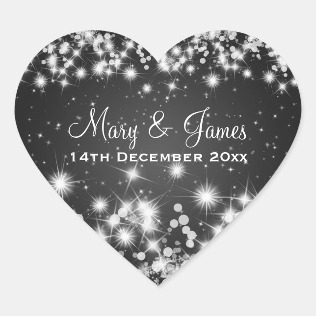 Elegant Wedding Date Winter Sparkle Black Heart Heart Sticker (Front)