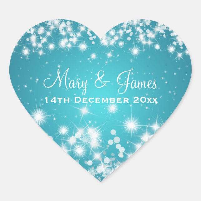 Elegant Wedding Date Winter Sparkle Blue Heart Heart Sticker (Front)