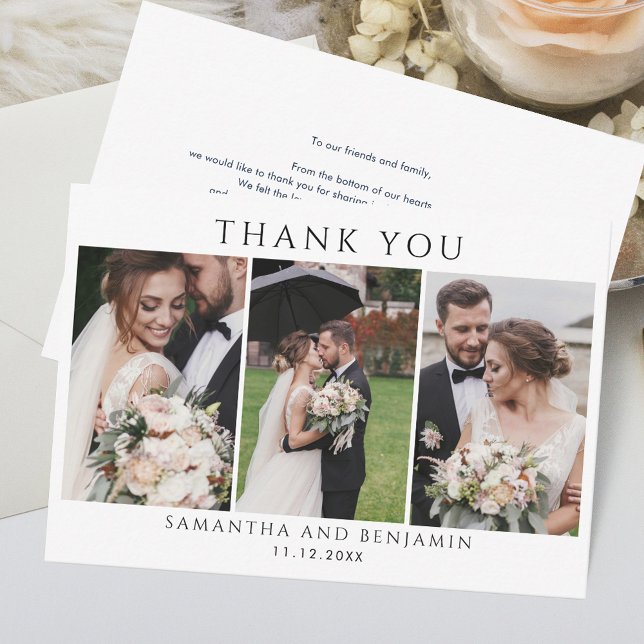 Elegant Wedding Day Photo Collage Thank You Card (Custom 3 Photos Wedding Thank You Card)