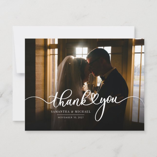 Elegant Wedding Day Photo Hand-Lettered Thank You Card (Front)