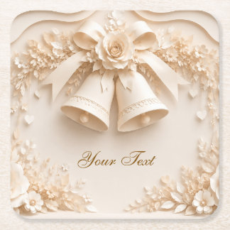 Elegant wedding design with bells and roses square paper coaster