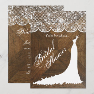 Elegant Wedding Dress and Lace on Barn Wood  Invitation