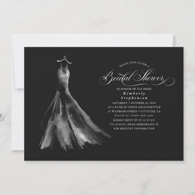 Elegant Wedding Dress Black Bridal Shower Invitation (Front)