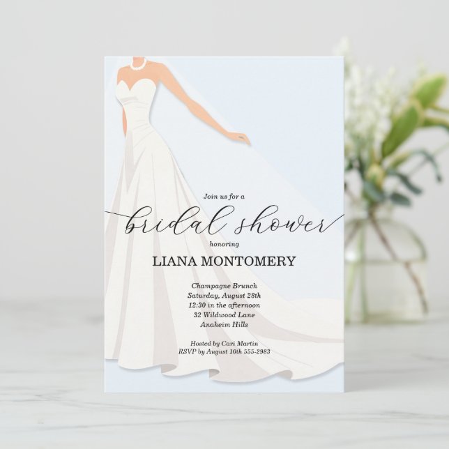 Elegant Wedding Dress Blue Bridal Shower Invitation (Standing Front)