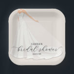 Elegant Wedding Dress Bridal Shower Paper Plate<br><div class="desc">A bride in her wedding gown and veil with your details in chic lettering on a pale taupe background,  or any color you choose,  these square paper plates are perfect for your bridal shower. MATCHING items in our collection.</div>