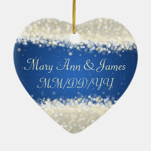 Elegant Wedding Favour Dazzling Sparkles Blue Ceramic Ornament (Back)
