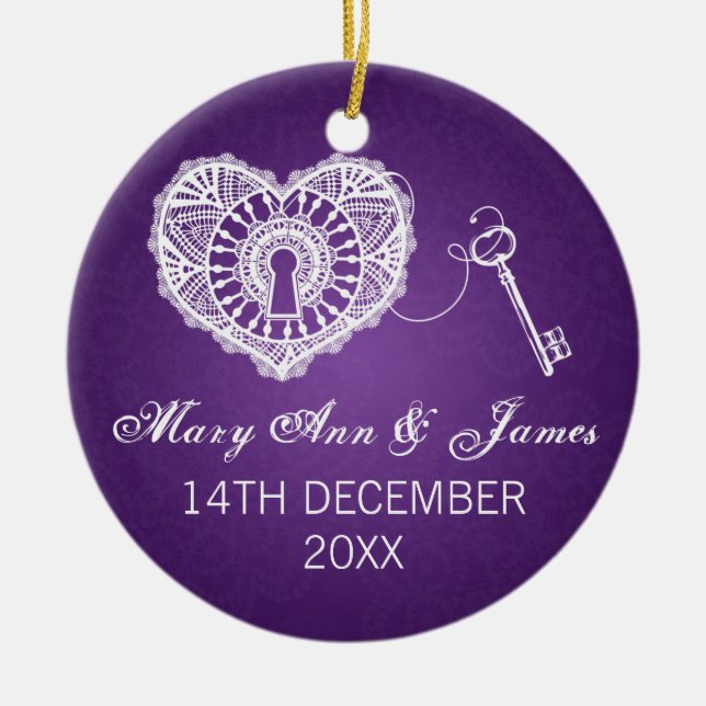 Elegant Wedding Favour Key To My Heart Purple Ceramic Ornament (Front)