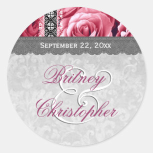 Elegant Wedding Favour PINK Roses and Lace V10 Classic Round Sticker