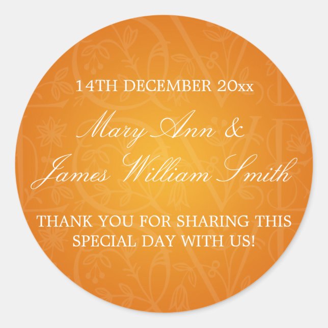 Elegant Wedding Favour Tag Love Flourish Orange (Front)