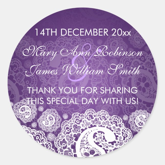 Elegant Wedding Favour Tag Paisley Lace Purple (Front)