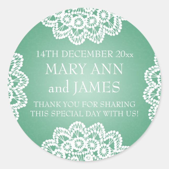 Elegant Wedding Favour Tag Vintage Lace Mint Green (Front)