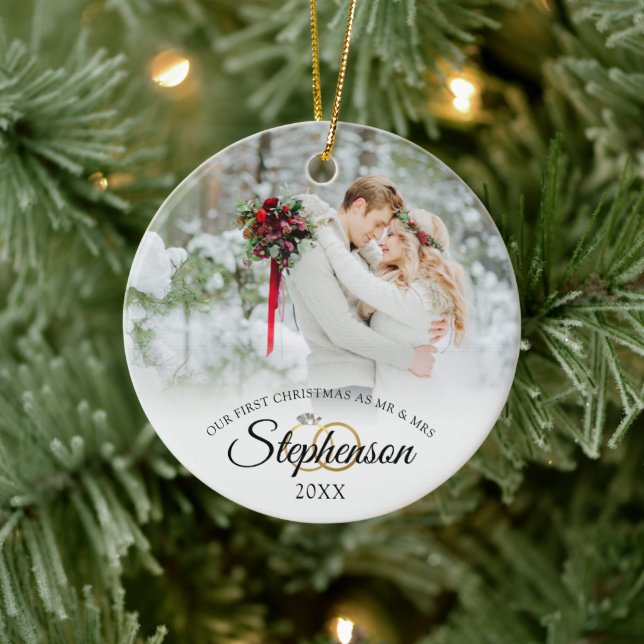 Elegant Wedding First Christmas Mr and Mrs 2 Photo Ceramic Ornament (Tree)