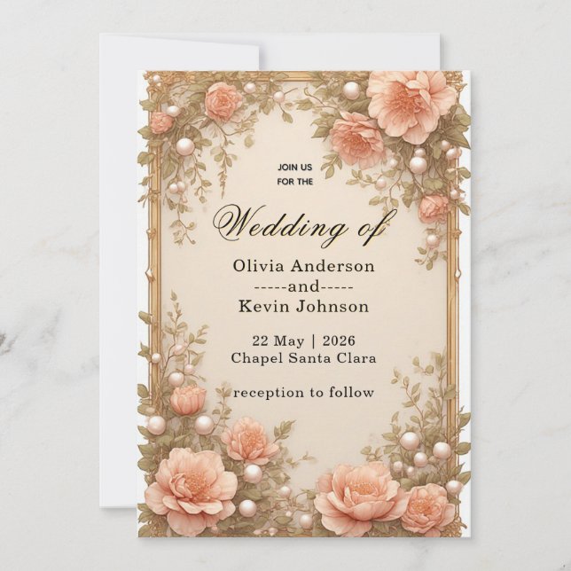 Elegant Wedding Flora Frame With Soft Pink Flowers Invitation (Front)