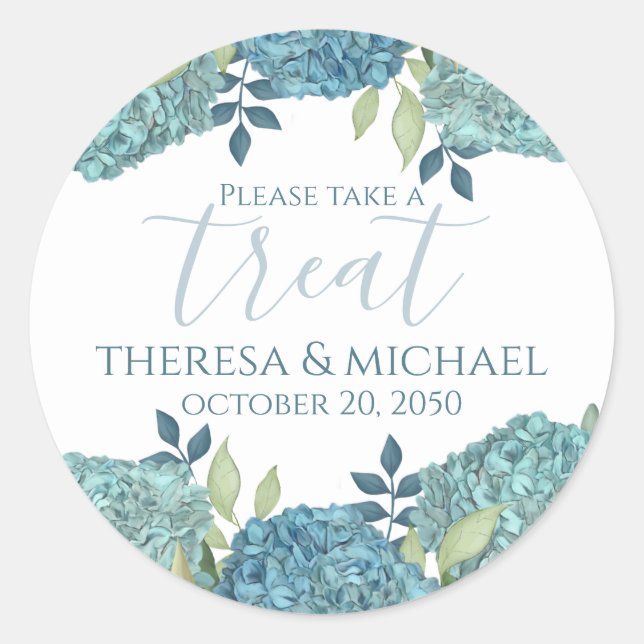 Elegant Wedding Floral Blue Hydrangea Treat Classic Round Sticker (Front)