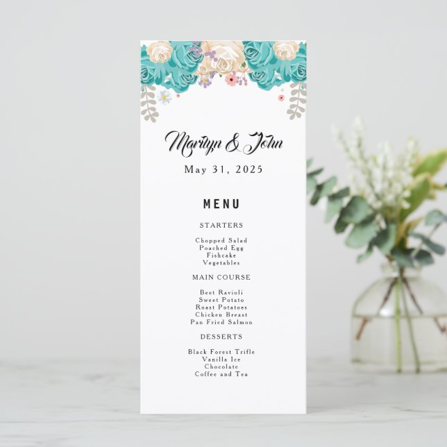 Elegant Wedding Floral Blue White Flowers  Menu (Standing Front)