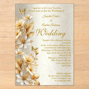 Elegant Wedding Floral Cream Gold Butterflies Acrylic Invitations