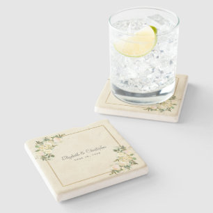 Elegant Wedding Floral Rose Metallic Gold Eggshell Stone Coaster