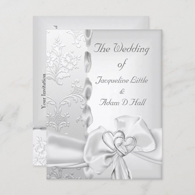 Elegant Wedding Floral Silver White Bow Hearts Invitation (Front/Back)
