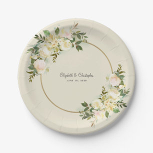 Elegant Wedding Floral Watercolor Bride & Groom Paper Plate