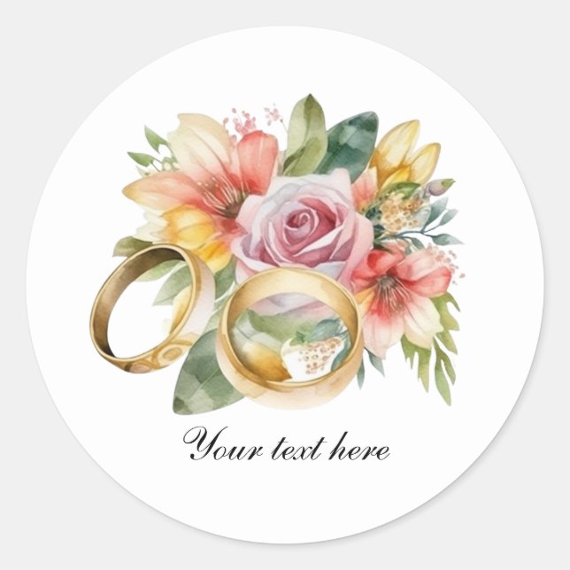 Elegant Wedding flowers and rings customizable Classic Round Sticker (Front)