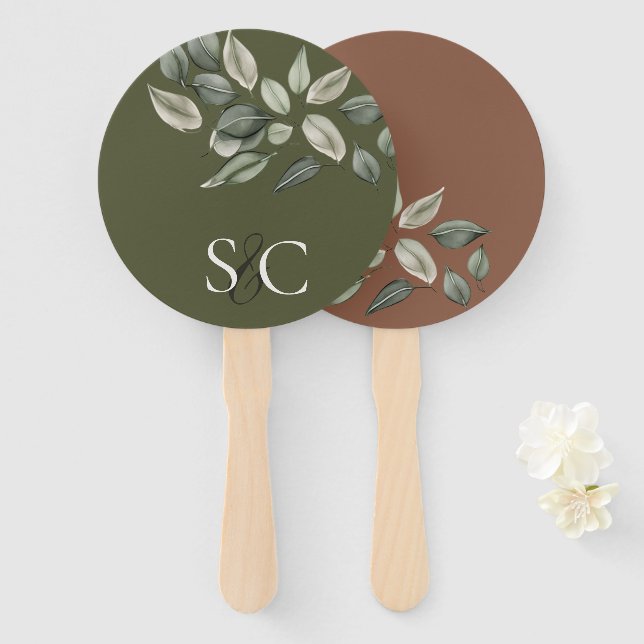 Elegant Wedding Foliage Muted Green Monogrammed Hand Fan (Front and Back)