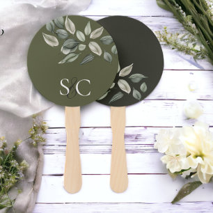 Elegant Wedding Foliage Muted Green Monogrammed Hand Fan