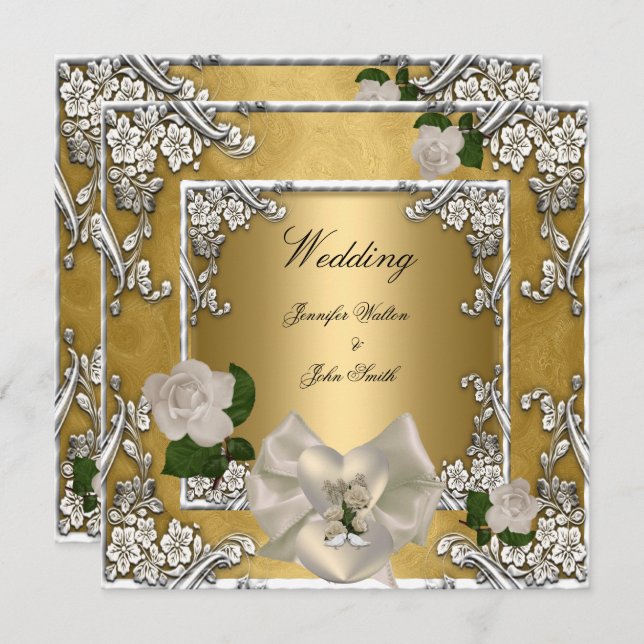 Elegant Wedding Gold Cream Rose Silver Invitation (Front/Back)
