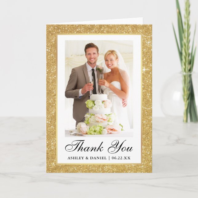 Elegant Wedding Gold Glitter Frame Photo Fold Thank You Card (Front)