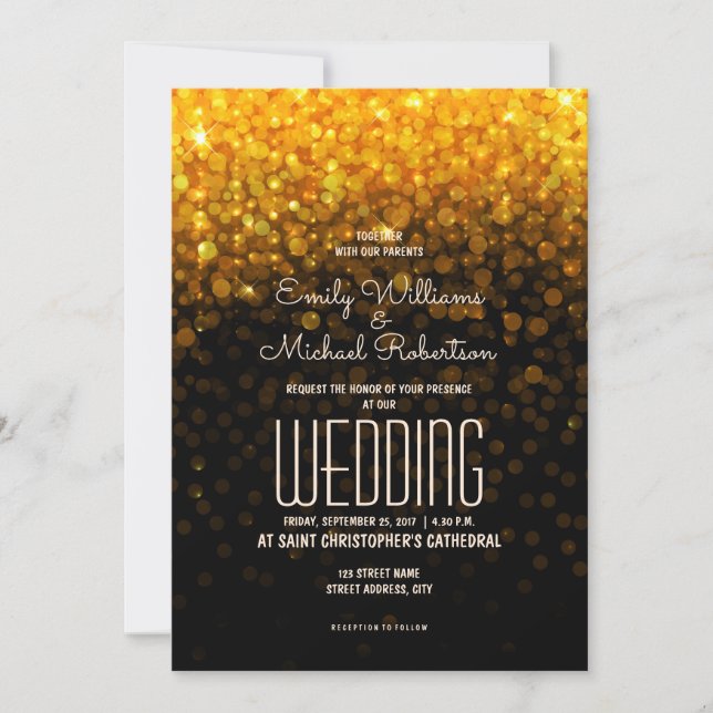 Elegant wedding gold lights bokeh background invitation (Front)